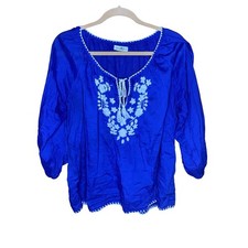 Natural Life 100 cotton blue embroidered boho floral tunic blouse size large
