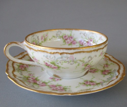 Antique HAVILAND Porcelain Cup + Saucer PINK ROSES Double GOLD Trm Schleiger 340 - Picture 4 of 9
