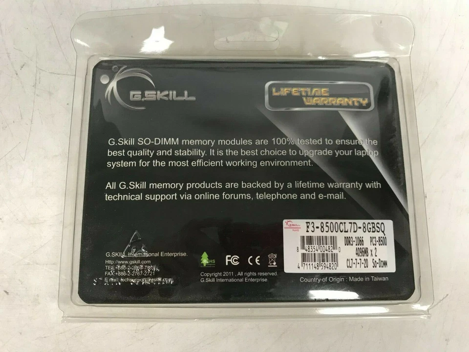 G.Skill PC3-8500 1 and 2 GB SO-DIMM 1066 MHz DDR3 Memory (F3-8500CL7D-8GBSQ) - Image 2 of 3