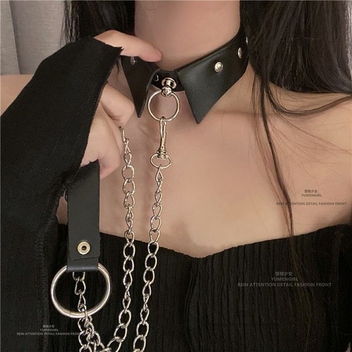 Leather Collar-Style Choker with Studs + Chain Leash - BDSM Bondage Accessory - Picture 3 of 7