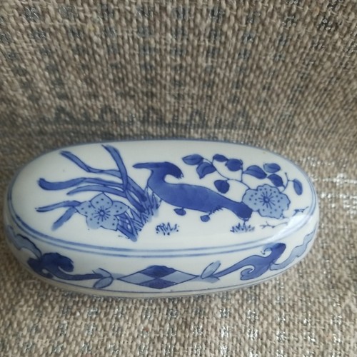 Antique Republic Of China Porcelain Blue And White Bird Motif Trinket Box Signed - Picture 2 of 14