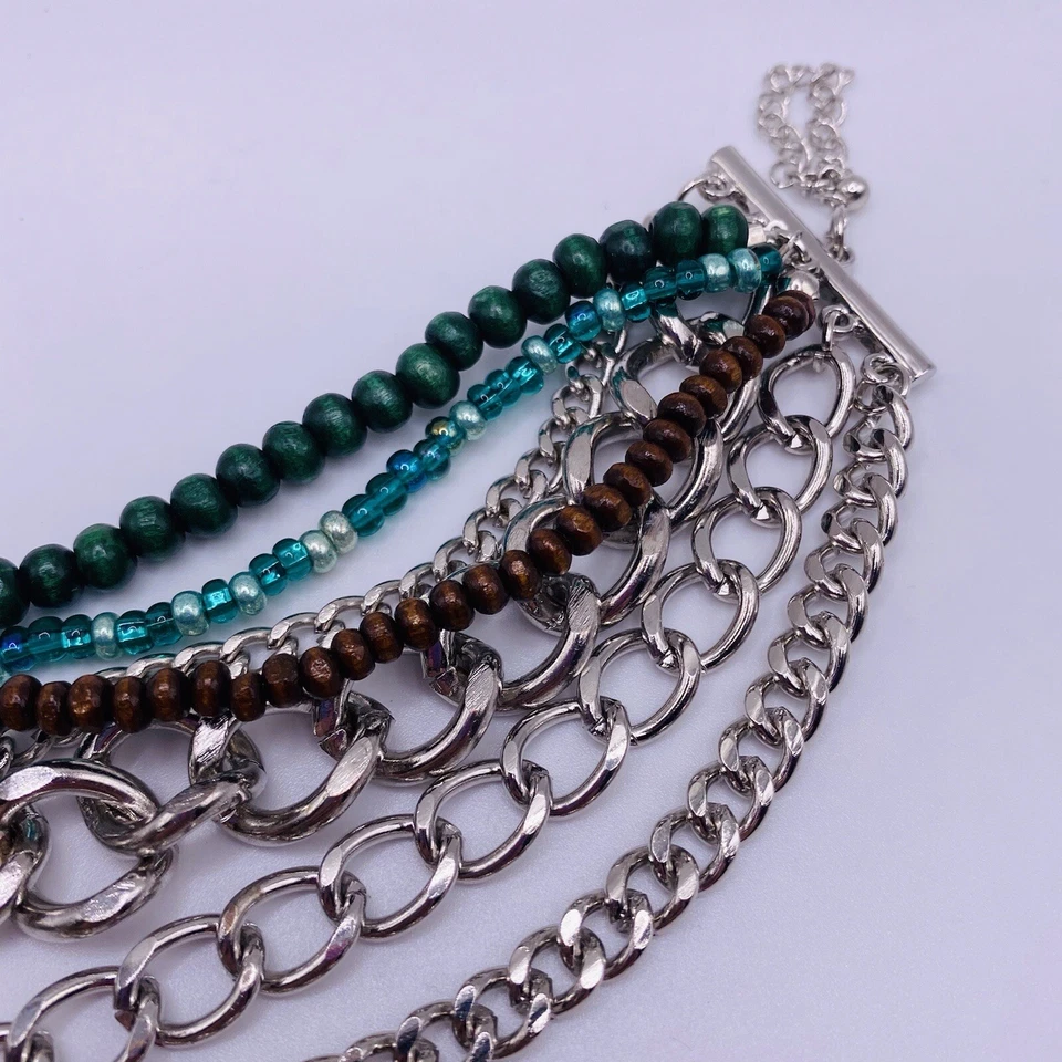 Aura 绿色棕色银色链珠手链 8 英寸全新 — 第 3/4 张图片