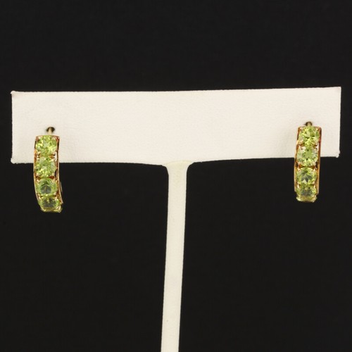 14K Yellow Gold Green Simulated Peridot Hoop Earrings - Picture 2 of 8