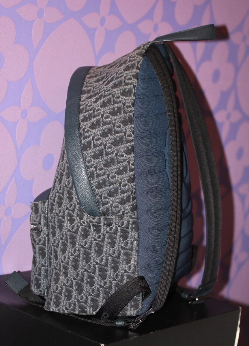CHRISTIAN DIOR Oblique Rider Backpack Navy Blue Jacquard Canvas Leather RARE