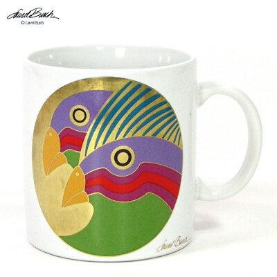 Laurel Burch CARIBBEAN COCKATOOS 12oz Mug Cup White Gold Tropical Birds Japan