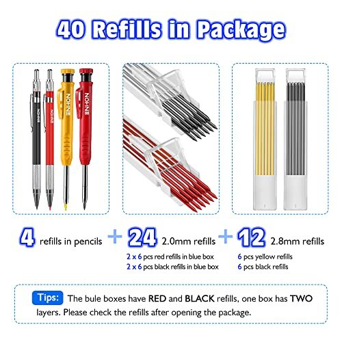 Enhon 4 Pcs Mechanical Carpenter Pencils with 40 Refills and Mental Marking 