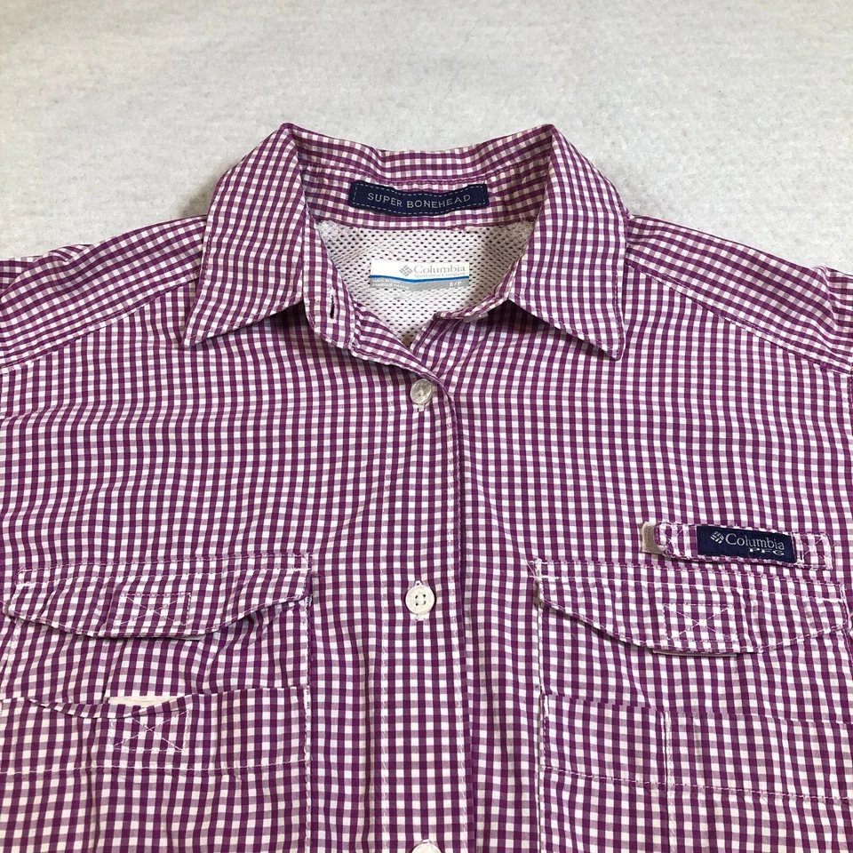 Top Columbia Super Bonehead para mujer PFG talla S púrpura a cuadros con botones omnishade Foto 2 de 4