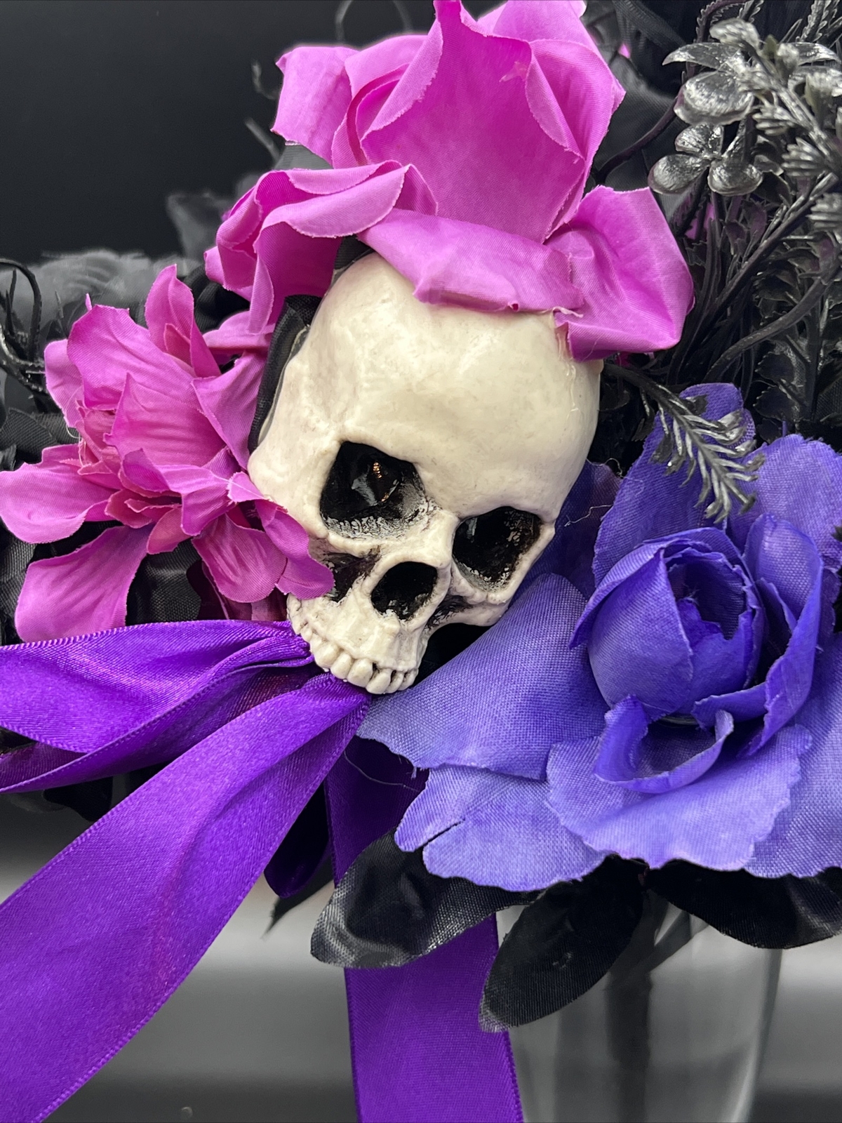 Haunted Hill Farm Halloween Bouquet w/ Pink and Black Flowers & Skull