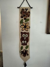 Vintage 70s MCM Owl, Butterfly  Flower Hanging Latch Hook Shag Rug Burlap