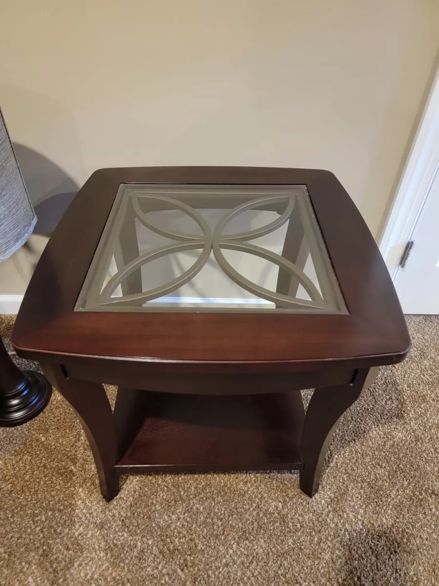 Raymour and Flanigan Wood glass top coffee table set