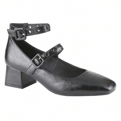 Women Square Toe Mary Jane Pump Double Buckle Ankle Strap Block Mid Heel - Picture 17 of 28