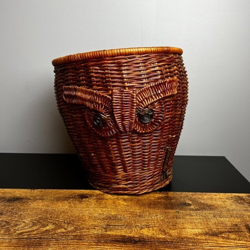 Owl Wickers Basket Rattan Retro Vintage Waste Basket - Picture 1 of 9