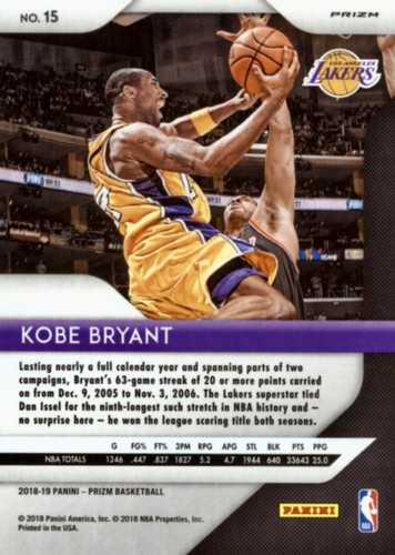 2018-19 Panini Prizm Kobe Bryant #15 Verde Prizm HOF Lakers - Foto 3 di 3