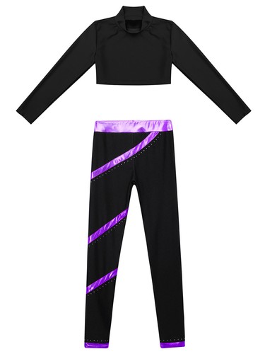 Kids Girls Crop Top With Pants Metallic Striped Sportswear Sparkling Activewear - Picture 36 of 55