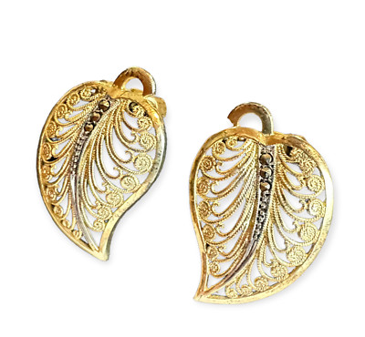 VNTG Alice Caviness SS 925 YG Vermeil  Marcasite Figural Leaf Earrings Ad Piece!