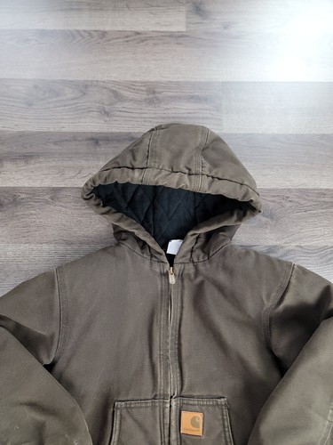 Carhartt Duck Quilt Lined Jacket Kids Size 7 Brown Canvas Vintage Full Zip Hood - Picture 3 of 16