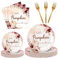 Sunnyray 96 Pieces Pumpkin Baby Shower Plates and Napkins Fall Baby Shower Su...