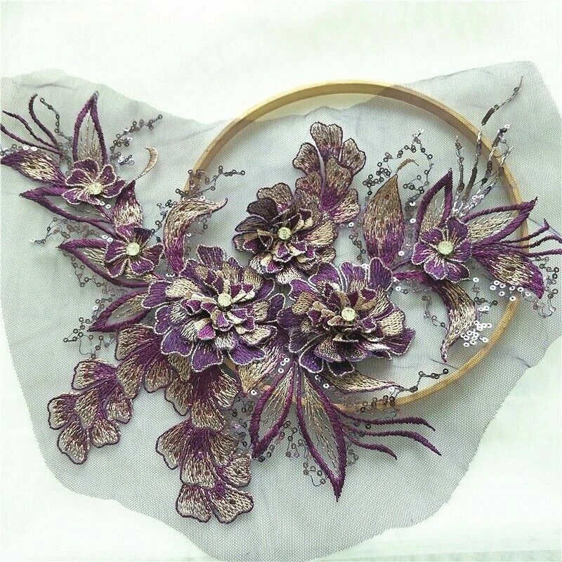 Embroidery Lace Applique 3D Sequin Patch DIY Wedding Dress Sewing Trimming Craft - Image 3 of 4