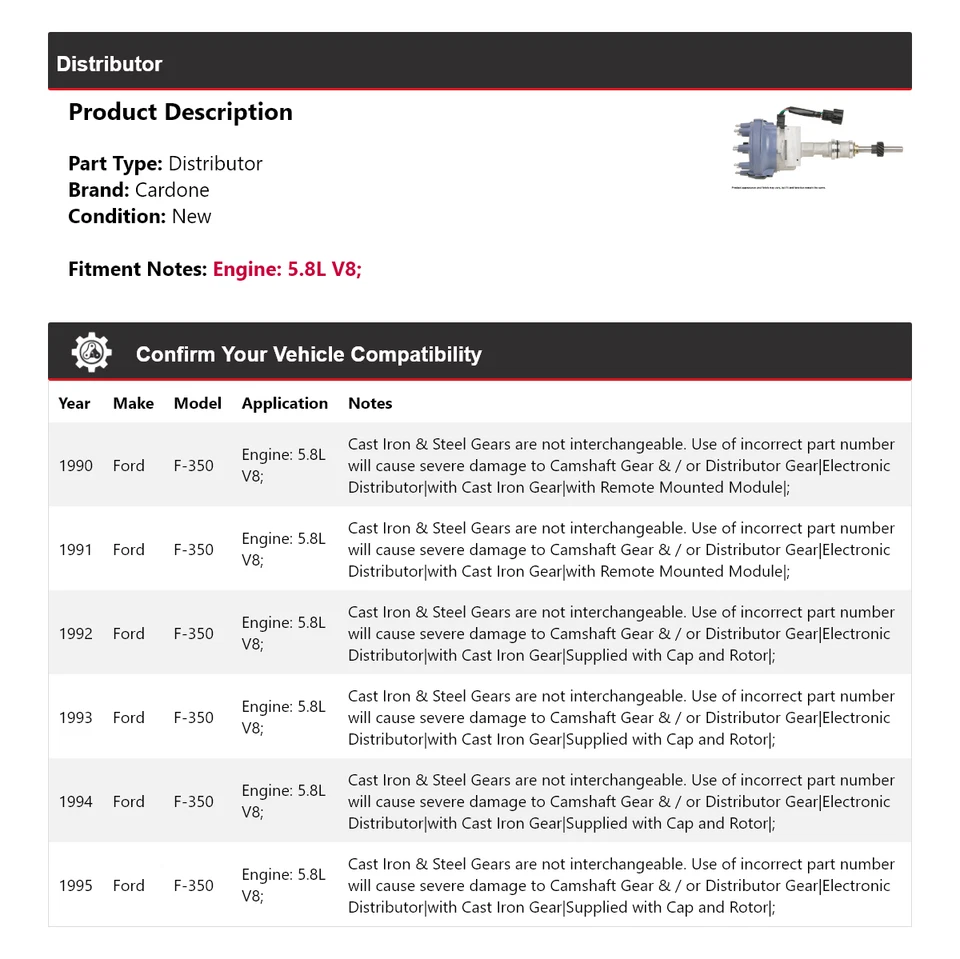 Ford F-350 1990-1995 5,8 L V8 distribuidor Cardone 1991 1992 1993 1994 Foto 2 de 4