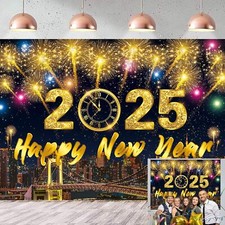 Happy New Year Backdrop Black and Gold Fireworks Eve Party Decoration Background