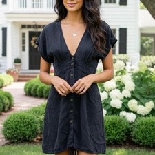 Quince Vintage Wash Tencel Lyocell Button Front Mini Dress in Washed Black