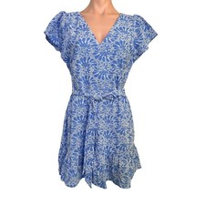 Loft Eyelet Belted Flutter Sleeve Swing Dress 12 Floral Cotton Ruffle Hem Resort