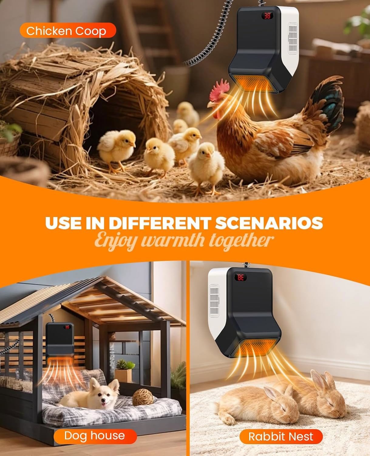 Thermostatic Dog Heater Pet House Wall-Mounted Warmer W/ Anti-Bite Wires 600W