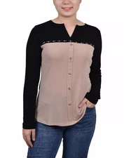 NY Collection Women's Top Petite PL Long Sleeve Studded