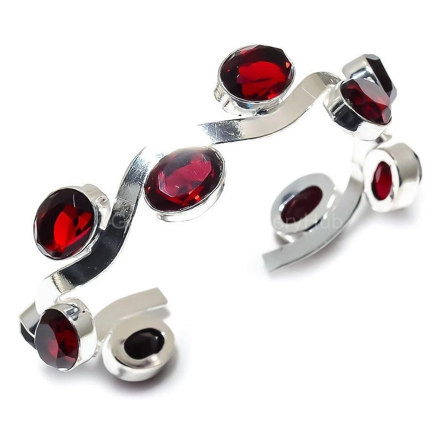 Daughters Day Sale Garnet Artisan Channel Set Birthday Cuff Jewelry 925 Silver - Image 3 of 4