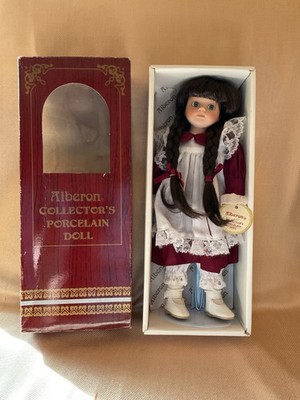 Alberon Collector's Porcelain Girl Doll Blue Eyes Brown Hair Burgundy Dress 28cm