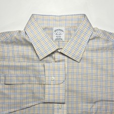Brooks Brothers Shirt Mens 17-37 Yellow Check Button Down Oxford Regent Non Iron