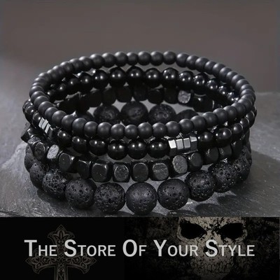 Perlenarmband Achat und Lava Perlen 4er Set Armband Charme Steine Unisex Schwarz