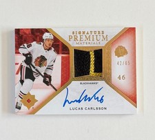 21 LUCAS CARLSSON UD ULTIMATE COLLECTION ROOKIE AUTO WORN JERSEY PATCH 42/65