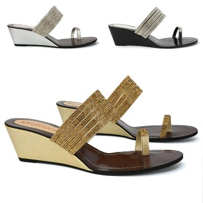 Damen Keilabsatz Zehenstegsandalen Strass Urlaub Pantoletten