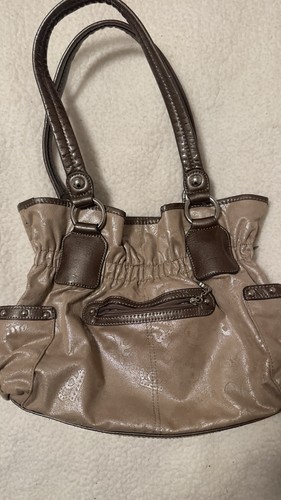 Y2K Kathy Van Zeeland Vintage Faux Leather Hobo Bag Champagne Gold Brown Trim - Picture 3 of 11