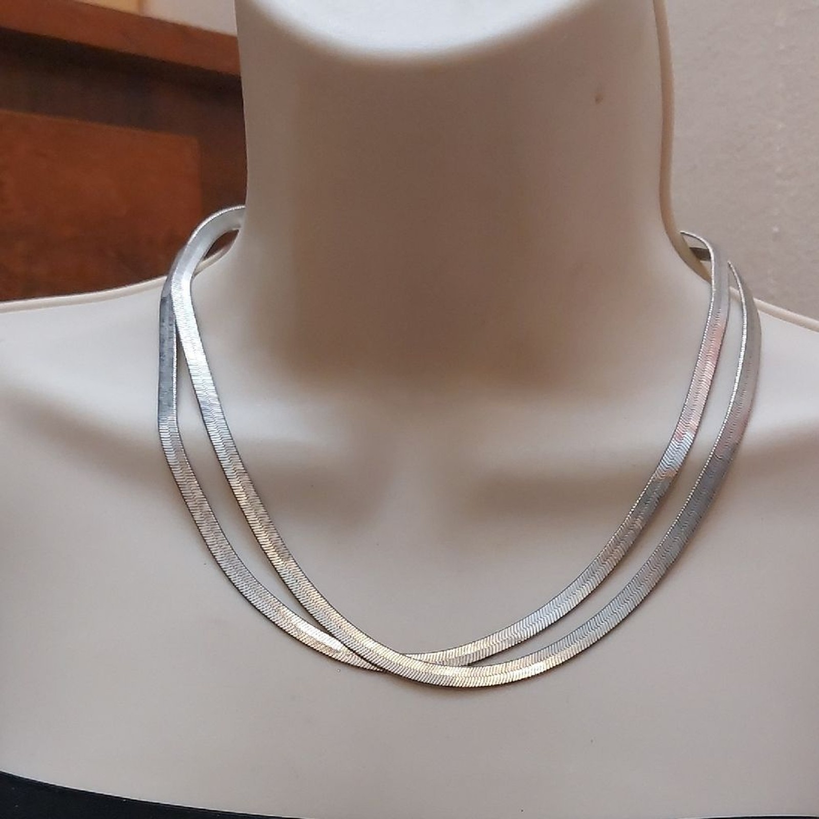 Double Strand Flat Herringbone Chains Silver Tone… - image 1