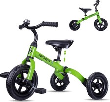 YGJT 3-in-1 Toddler Tricycle, Folding Balance Bike Green   NEW/DAMAGED BOX