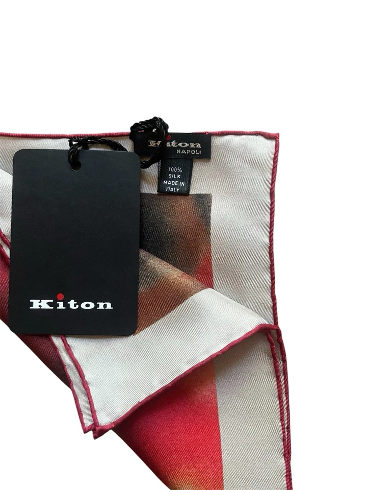 NWT Kiton Pocket Square 100% Silk Beige/red  Pocket Square  15x15 - Image 4 of 4