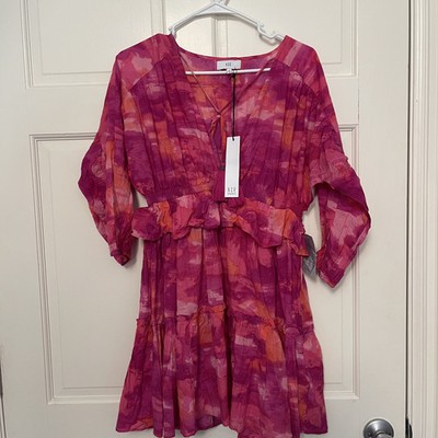 NEW! NSR Sz M Kailani Pink Tie Dye Tiered Long Sleeve Mini Dress Boho NWT