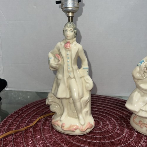 2-Vintage Porcelain Victorian Couple Figural Lamps Pair Tested And Work - Picture 5 of 9