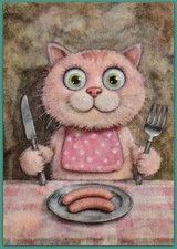 Quadro acquerello ACEO 2,5x3,5 - gatto gattino salsiccia pranzo simpatico racconto accogliente