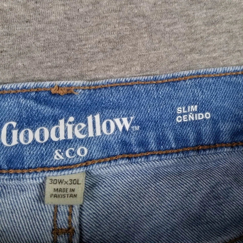 Jeans Goodfellow 30x30 Slim Fit azul lavagem leve elástico corrente moderna - Imagem 4 de 4