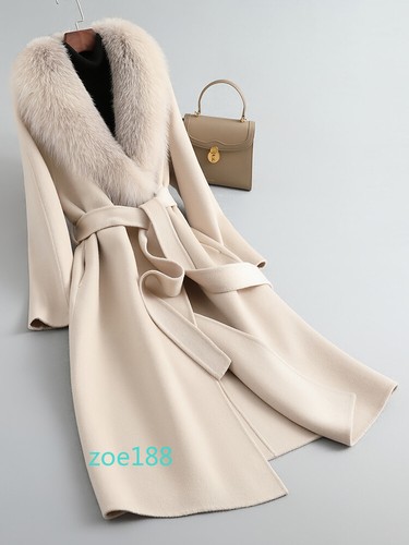 Winter Double-Sided Wool Coat – Long, Belted, with Removable Fox Fur Collar