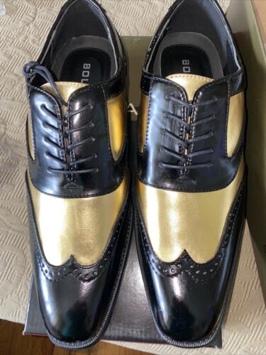 Mens Oxford BOLAND Tuxedo Dress Shoes BLACK Gold 9.5 LAWSON NEW BOX - Picture 1 of 9