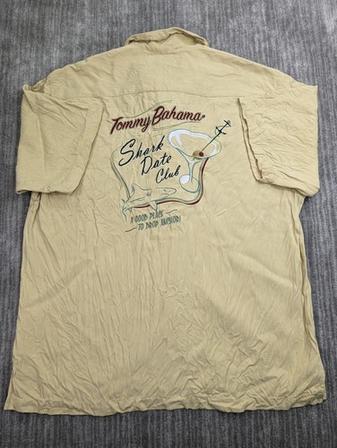 Tommy Bahama Hawaiian Camp Shirt Large Silk Embroidered SHARK DATE CLUB Khaki