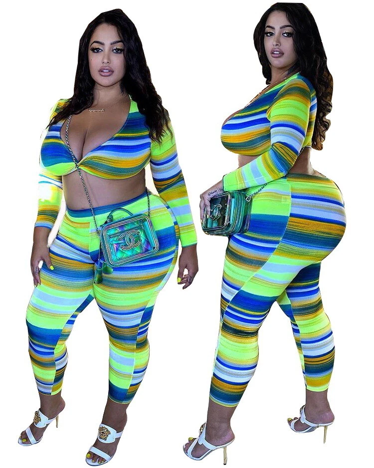 Hot Sale Women Plus Size Long Sleeves Striped Print Patchwork Club