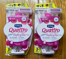 2 X SCHICK QUATTRO FOR WOMEN RASPBERRY RAIN SCENT 4 BLADES TOTAL 8 RAZORS