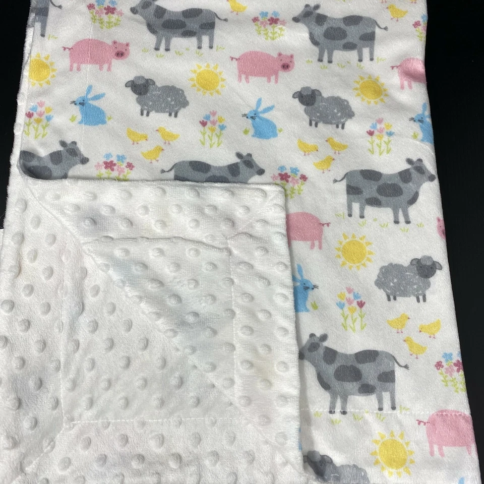 Manta para bebé Thro blanca cerdo vaca oveja conejito animales de granja sol Minky Dots Lovey  Foto 2 de 3