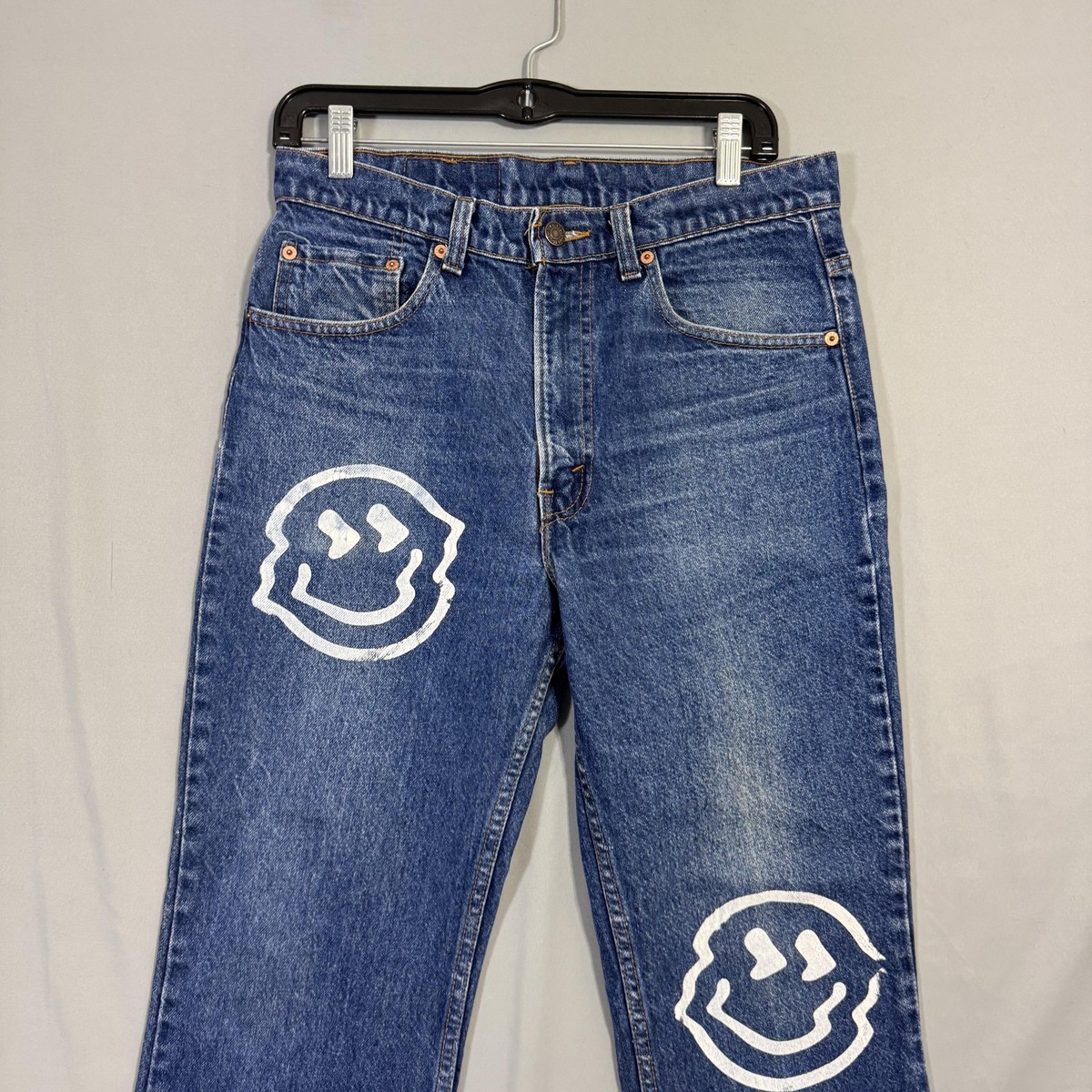 Levis 517 Jeans Mens 33x31 Blue Denim Smiley Face Patch Custom