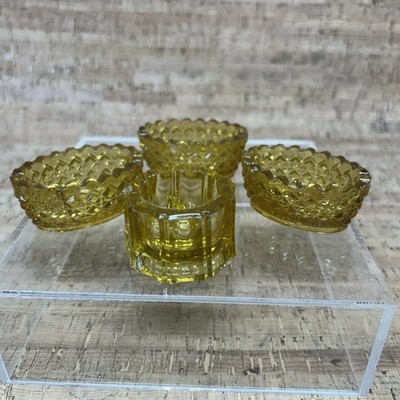 Vintage Set of 4 Amber Glass Open Salts 3 Oval Cut Glass Salt Cellars 1 Round